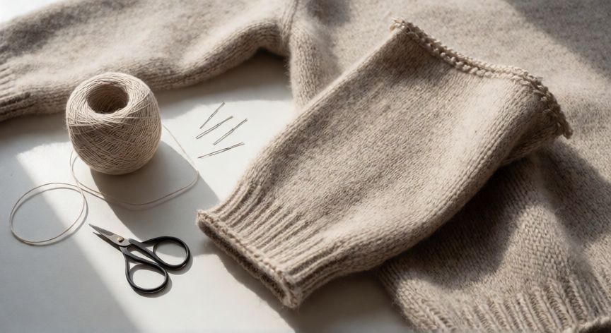 como coser mangas de punto, Espacio de costura con manga de punto terminada, puño doblado e hilos y herramientas de costura alrededor