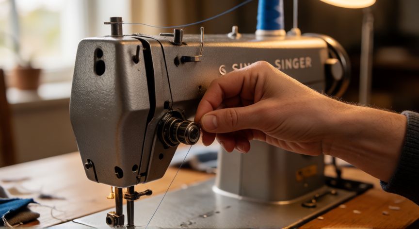como coser maquina singer, Manos enhebrando una máquina de coser Singer con hilo azul pasando por las guías de tensión