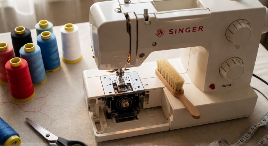 como coser maquina singer, Máquina de coser Singer con compartimento de bobina abierto y herramientas de mantenimiento sobre mesa de trabajo