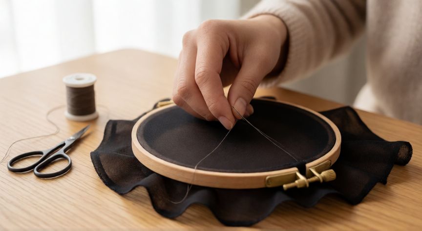 como coser medias pantys, Manos cosiendo una carrera en medias pantys negras sobre un bastidor de costura con hilo de nailon fino