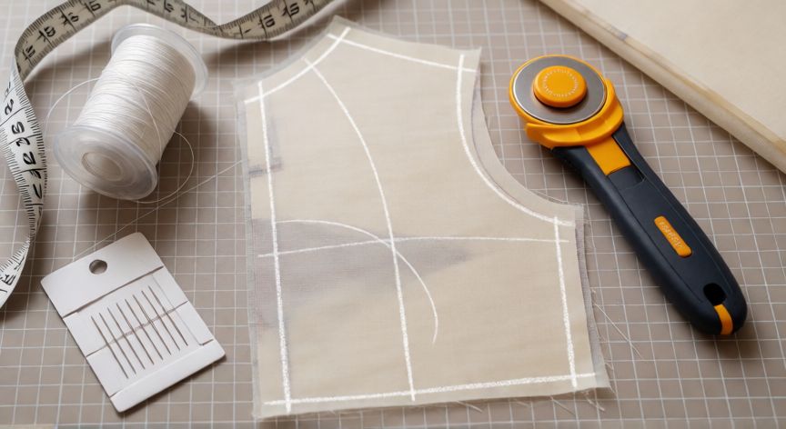 como coser medias pantys, Mesa de trabajo con patrón de tela elástica para confeccionar medias pantys, tijera giratoria e hilo invisible