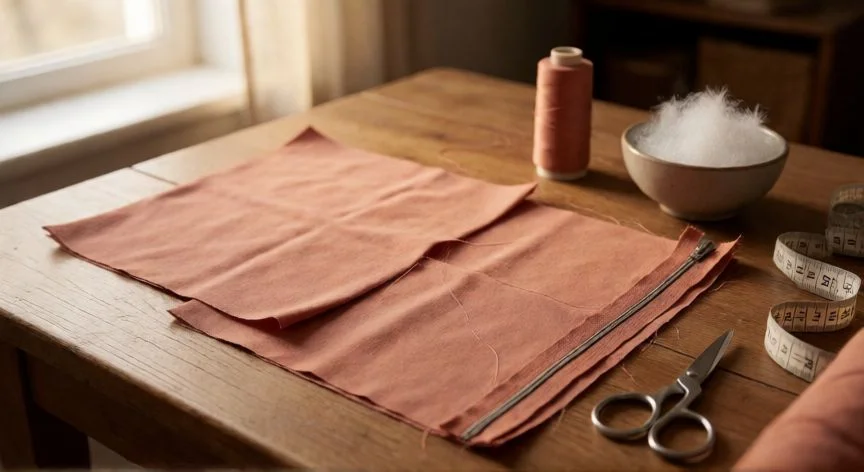 Materiales y telas para coser un molle sobre mesa de madera