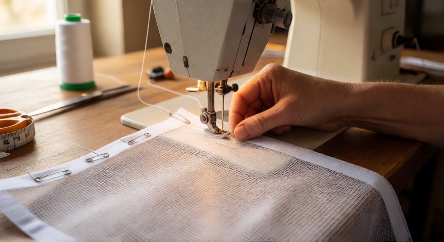 como coser mosquitera, Manos cosiendo malla mosquitera sobre cinta bisagra con máquina de coser al fondo