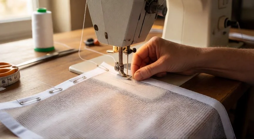 Manos cosiendo malla mosquitera sobre cinta bisagra con máquina de coser al fondo