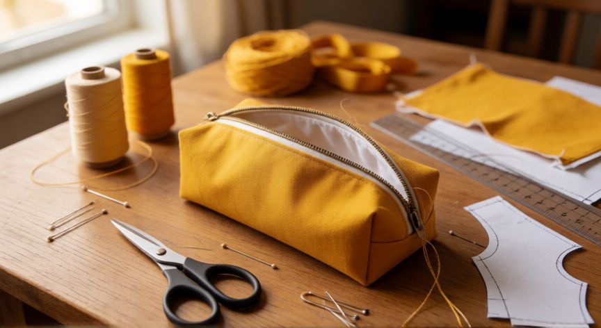 Mesa de costura con neceser a medio hacer, cierre metálico, tijeras y patrón de tela