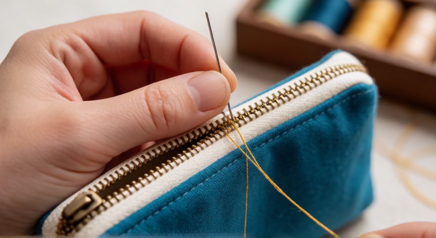 como coser neceser, Manos cosiendo a mano un cierre metálico en un neceser de tela azul turquesa