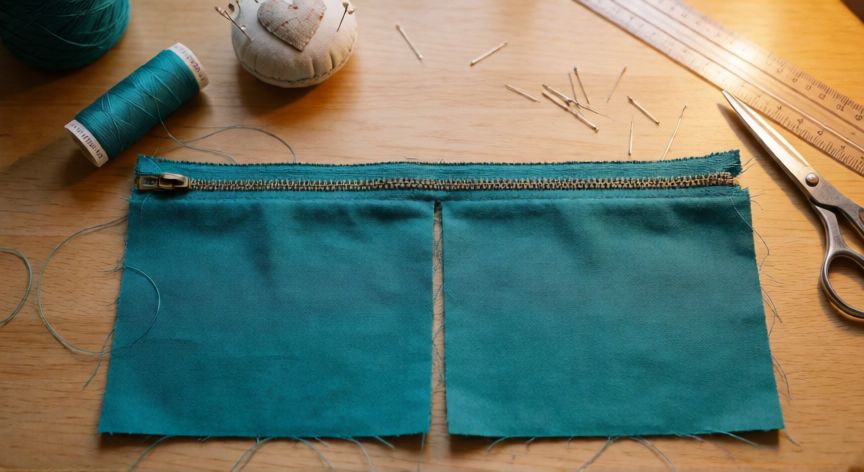 Mesa de costura con piezas de tela y cremallera para coser un neceser