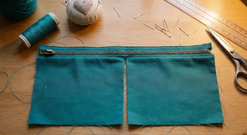 Neceser con cremallera cosido a máquina con prensatelas, capas abiertas y planchadas