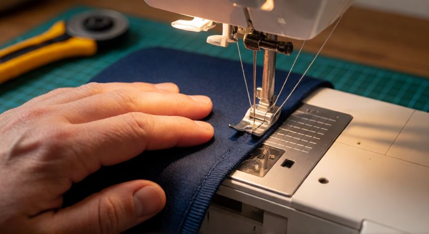 Manos cosiendo una pieza de neopreno azul en máquina con pie de Teflón y hilo de poliéster