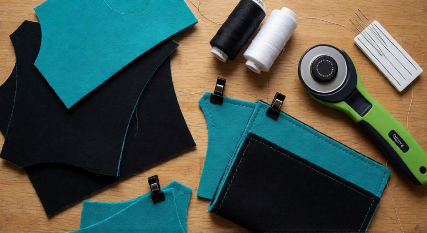 como coser neopreno, Mesa de trabajo con piezas de neopreno cortadas, cuchillo giratorio, agujas para cuero y bobinas de hilo poliéster para proyecto de costura
