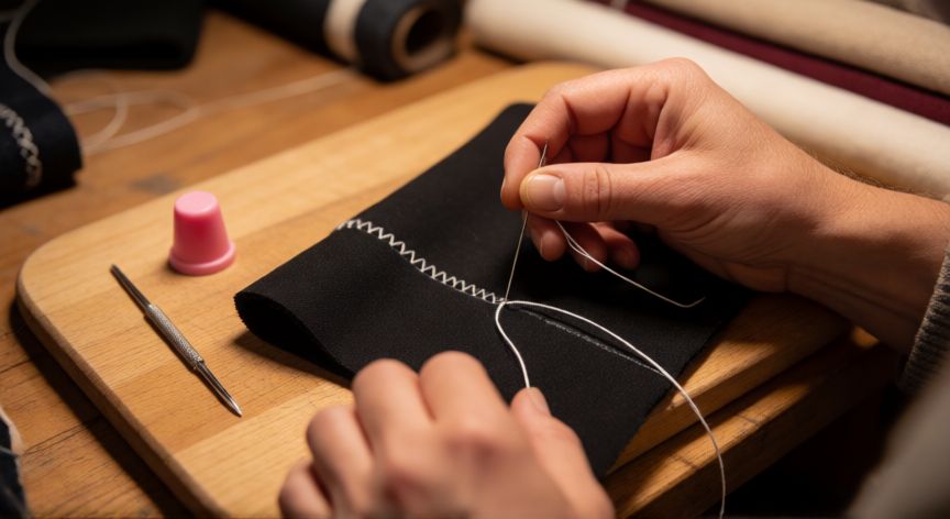 Manos cosiendo neopreno a mano con aguja cónica y estilete sobre tabla de corte