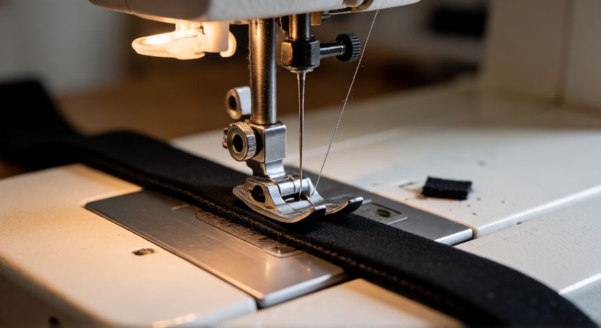 Máquina de coser con pie de arrastre cosiendo una tira de neopreno negro de 3 mm