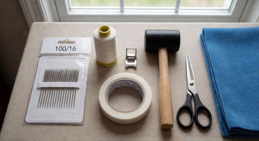 como coser neopreno a máquina, Mesa de trabajo con herramientas para coser neopreno: agujas, hilo de poliéster, pie Teflón y cinta adhesiva