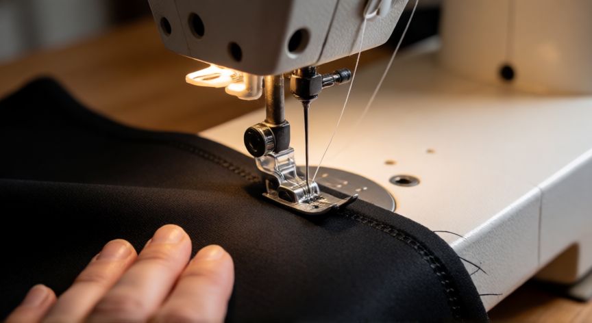 Máquina de coser doméstica cosiendo una pieza de neopreno negro con aguja para cuero y pie de arrastre