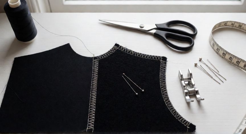 como coser neopreno con máquina casera, Mesa de costura con proyecto de neopreno cosido en zigzag, tijeras, hilo de poliéster y pie de arrastre