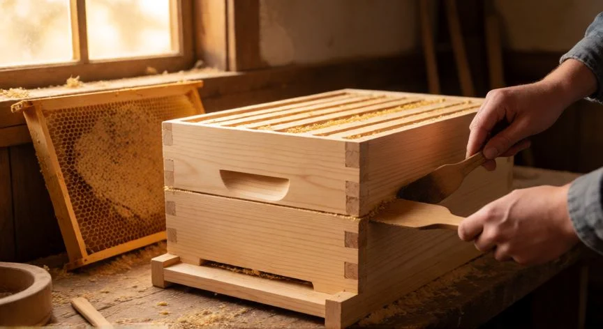Manos sellando las uniones de una colmena de madera con cera fundida en un taller rústico