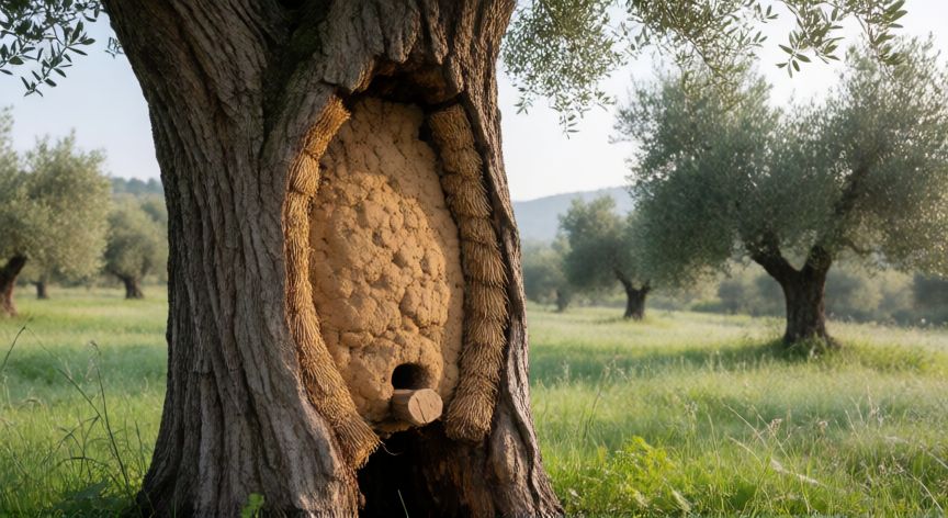 como coser nido de abeja, Colmena de tronco tradicional sellada con barro y paja en un paisaje rural mediterráneo