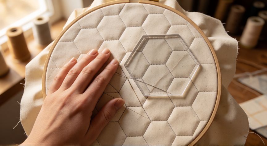 como coser nido de abeja a maquina, Manos cosiendo patrón de nido de abeja hexagonal sobre bastidor de madera con plantilla de acrílico