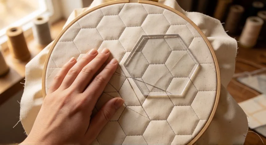 Máquina de coser ejecutando puntada de nido de abeja sobre algodón con rejilla marcada