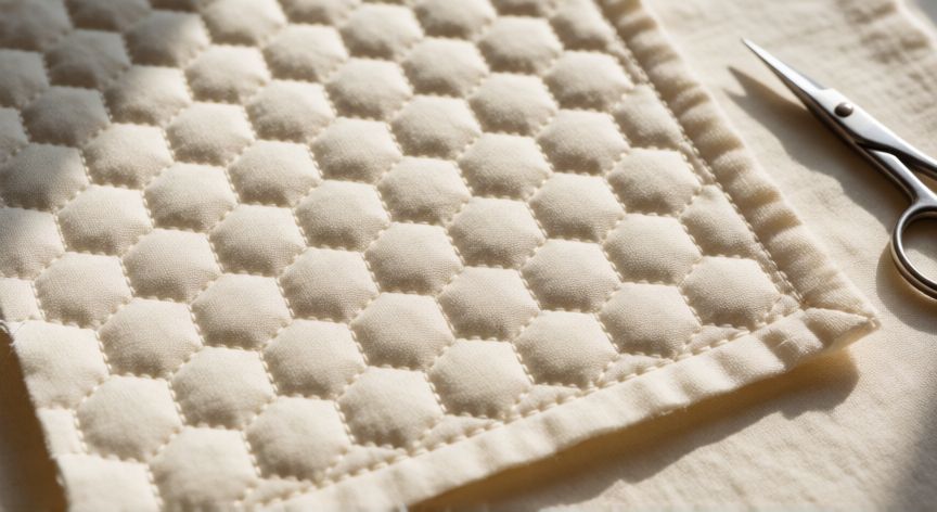 como coser nido de abeja a maquina, Detalle de puntada nido de abeja terminada en tela de algodón marfil con tijeras de puntillas al lado