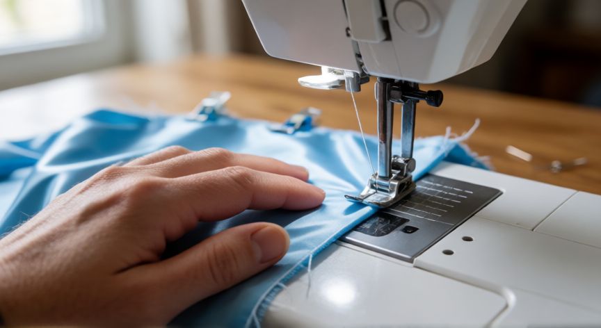 Manos cosiendo tela de nylon azul claro en una máquina de coser con piedrehilos rodillo