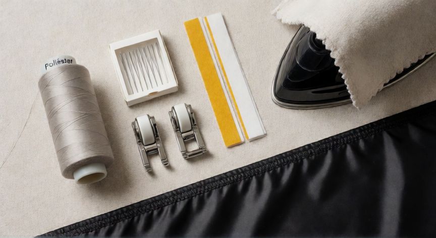 como coser nylon, Materiales para coser nylon: hilo poliéster, agujas, piedrehilos, cinta termoadherente y tela de nylon negra