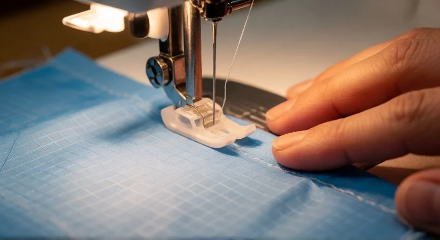 Máquina de coser con pie de teflón cosiendo una tela de nylon ripstop azul claro