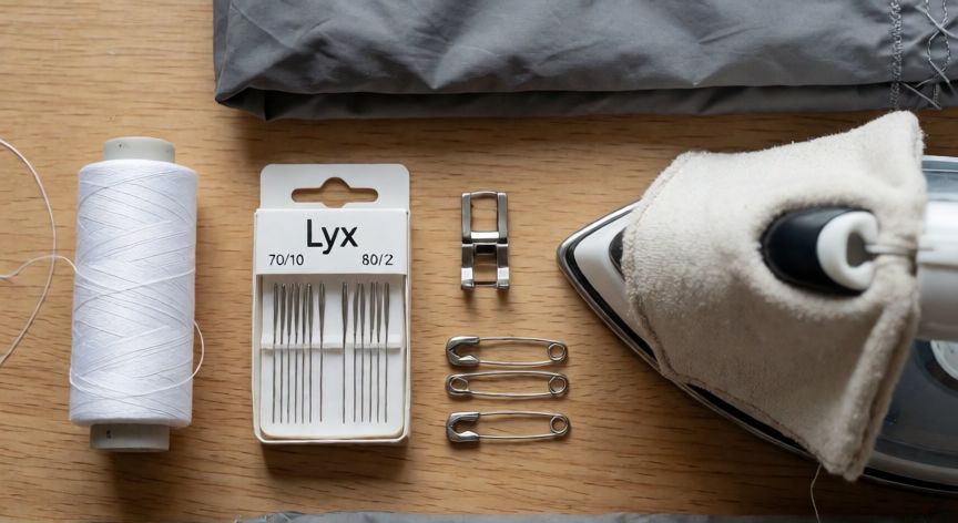 como coser nylon a máquina, Mesa de costura con aguja Lyx, hilo poliéster, pie de teflón y retal de nylon