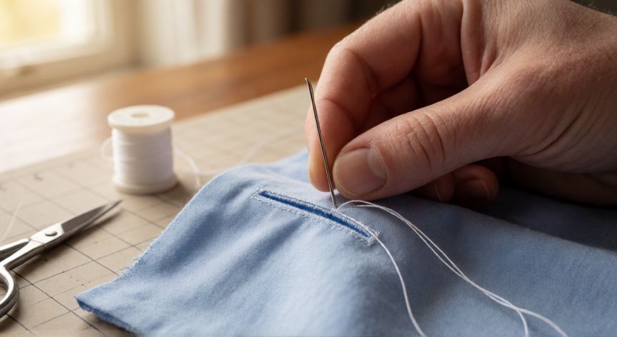 Manos cosiendo un ojal recto en una camisa de algodón azul con aguja curva e hilo blanco