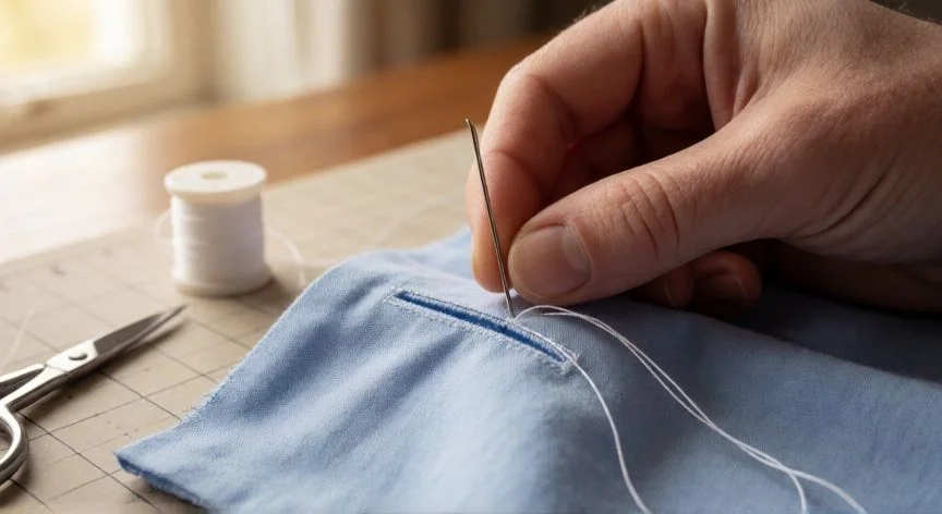 Manos cosiendo un ojal recto en una camisa de algodón azul con aguja curva e hilo blanco
