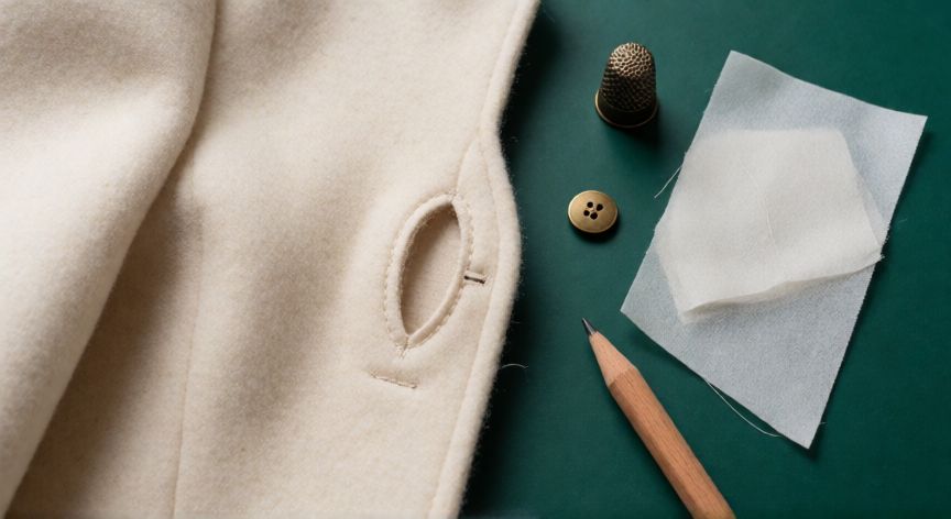 como coser ojales, Ojal de ojo de llave terminado en tela de lana color crema con botón de latón y herramientas de costura