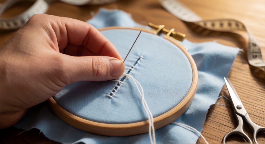 Manos cosiendo un ojal a mano sobre tela de algodón azul con aguja e hilo blanco