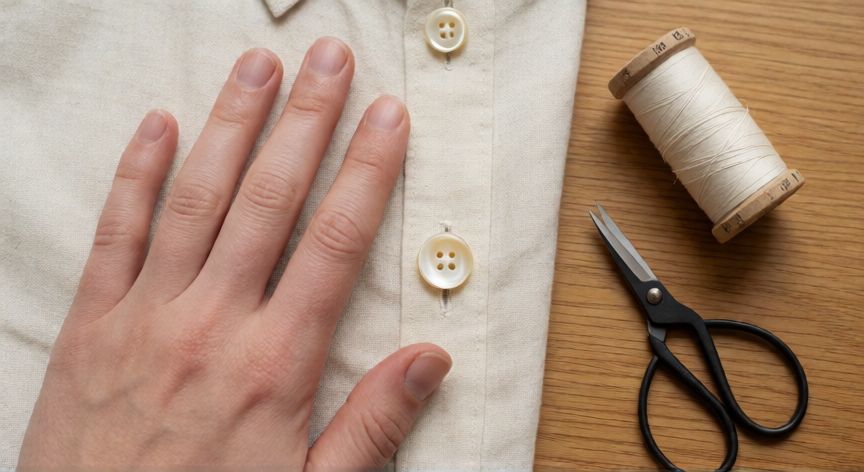 como coser ojales a mano, Ojal cosido a mano terminado en camisa de lino color crema con botón de asta al lado