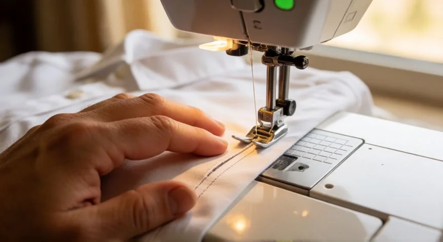 Manos cosiendo un ojal en una camisa de algodón blanca con máquina de coser y prensatapas específico