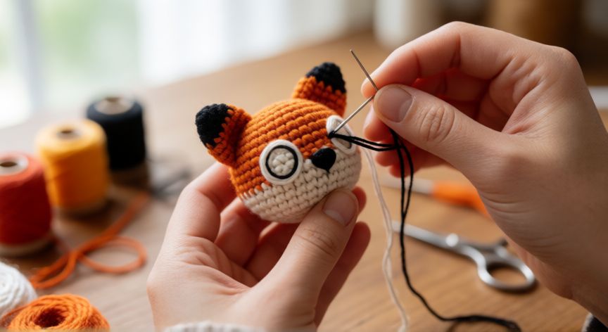 como coser ojos amigurumi, Manos bordando un ojo con hilo negro en la cabeza de un zorro amigurumi de crochet sobre una mesa de trabajo artesanal