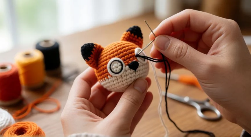 Manos bordando un ojo con hilo negro en la cabeza de un zorro amigurumi de crochet sobre una mesa de trabajo artesanal