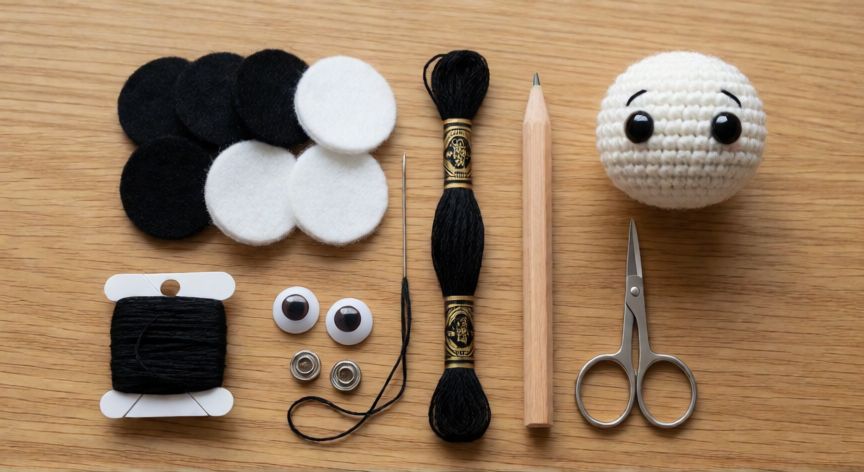 como coser ojos amigurumi, Kit de materiales para coser ojos a amigurumi con fieltro, hilo mouliné, aguja, ojitos de seguridad y una cabeza acabada con ojos bordados