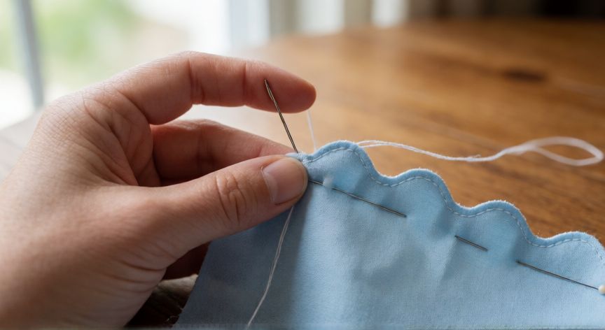 Manos cosiendo una ondulina a mano en tela de algodón azul con alfileres fijando las ondas