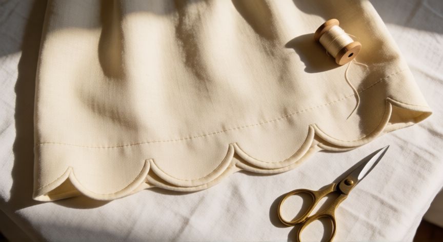 como coser ondulina a mano, Borde de prenda con ondulina cosida a mano en lino crema, acabado profesional sobre fondo blanco