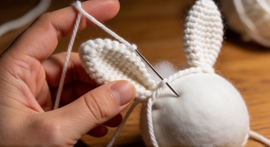 como coser orejas amigurumi, Manos cosiendo una oreja de conejo amigurumi con aguja lanera y relleno de algodón