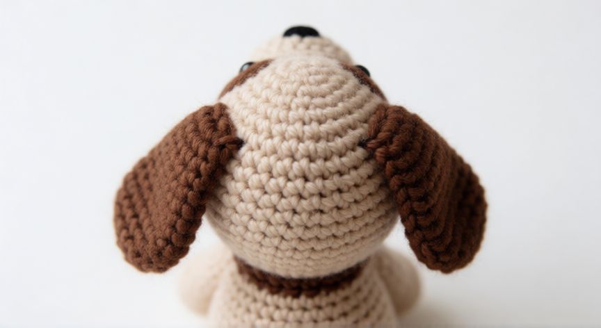 como coser orejas amigurumi, Amigurumi de perro con orejas caídas cosidas, detalle de la costura de anclaje