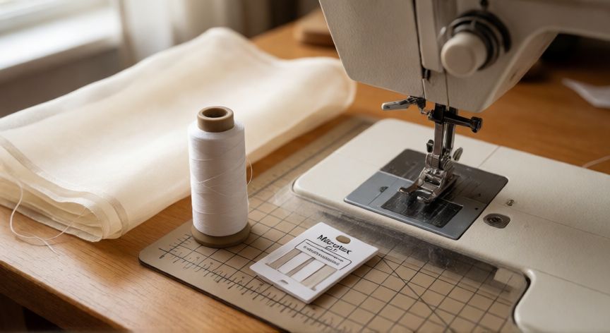 Máquina de coser con pie deslizante, hilo fino y tela de organza marfil lista para coser