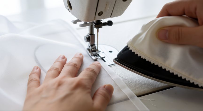 como coser organza, Manos cosiendo una costura francesa en organza blanca con plancha de vapor y paño de seda