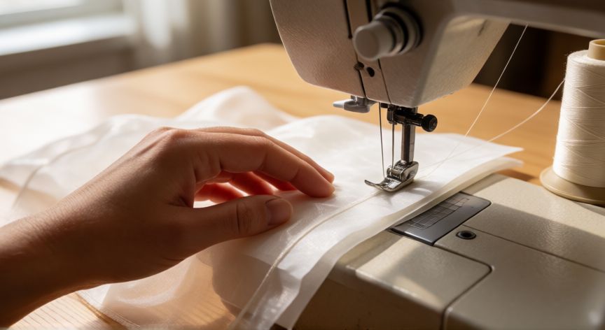 Manos cosiendo organza transparente en máquina de coser con papel de seda entre capas