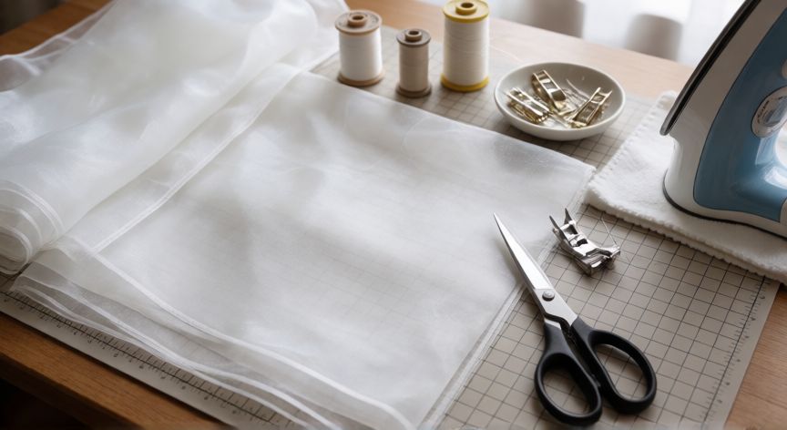 como coser organza a maquina, Espacio de trabajo para coser organza con prensatelas de arrastre, tijeras finas e hilos