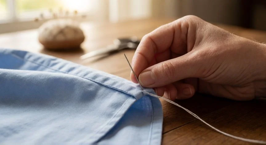 Manos cosiendo a mano la orilla de una camisa de algodón con aguja e hilo blanco