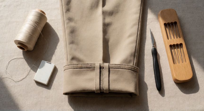 como coser orillas a mano, Mesa de costura con pantalón con dobladillo doble preparado, hilo, tiza y navaja deshilachadora
