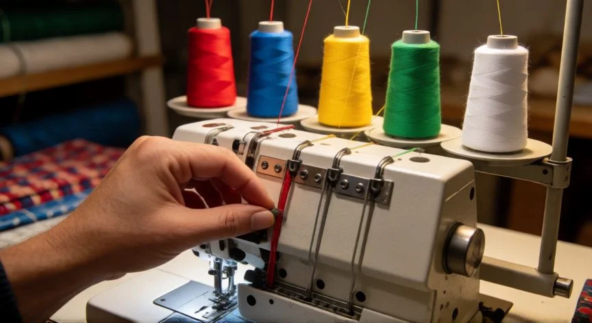 como coser overlock 5 hilos, Manos enhebrando una máquina overlock de 5 hilos con conos de hilo de colores