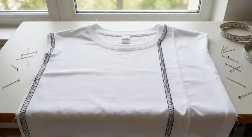 como coser overlock 5 hilos, Acabado de costura overlock de 5 hilos y flatlock sobre tela de camiseta blanca