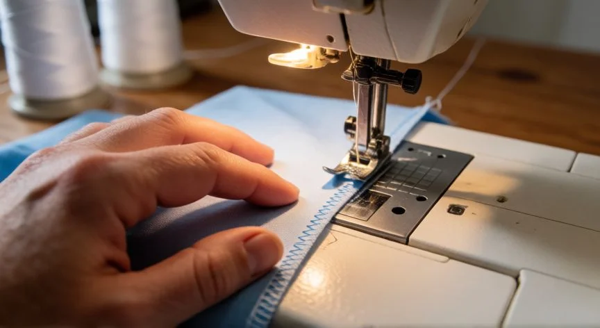 Manos guiando el borde de tela bajo la aguja de una máquina de coser realizando puntada zigzag tipo overlock